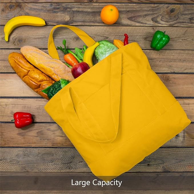 TOPDesign 6-Pack Canvas Tote Bags with an External Pocket, Reusable Grocery Shopping Bags, Top Zipper Closure, Daily Essentials (Yellow) - Image 3