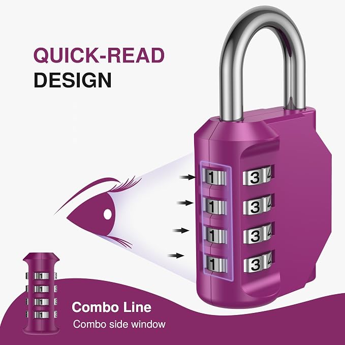 Puroma 2 Pack Combination Lock Locker 4 Digits Combo Padlock Gym Red-Violet | For School Gate Fence Toolbox Hasp Storage, Outdoor, Resettable, Weatherproof, Side Window, Crack Cut Resist, Hardened Steel - Image 3