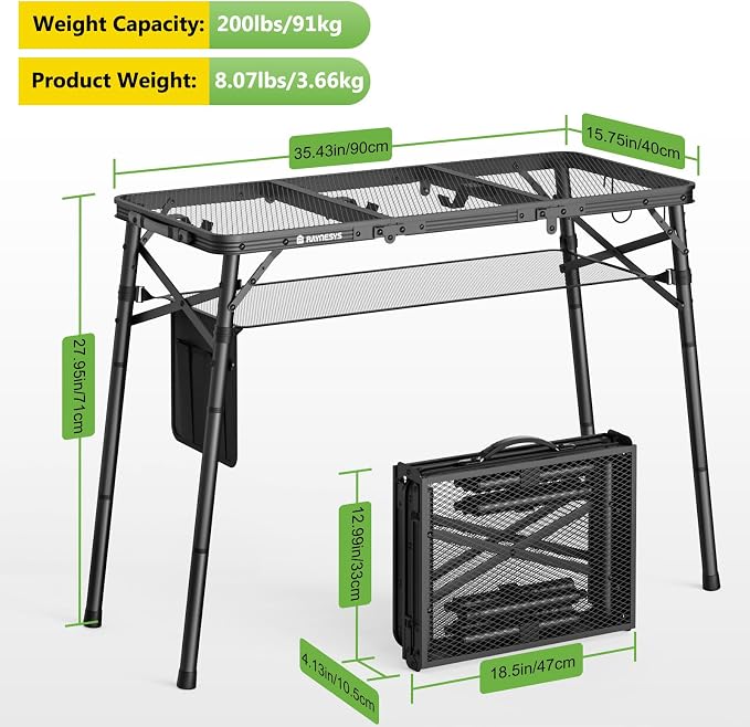 Raynesys Portable Folding Grill Table for Outside for Picnic, Camping | 3 Height Adjustable Small Camping Table with Mesh Bag, Metal Aluminum Folding Table, 35.43x15.75 inches, Black - Image 2
