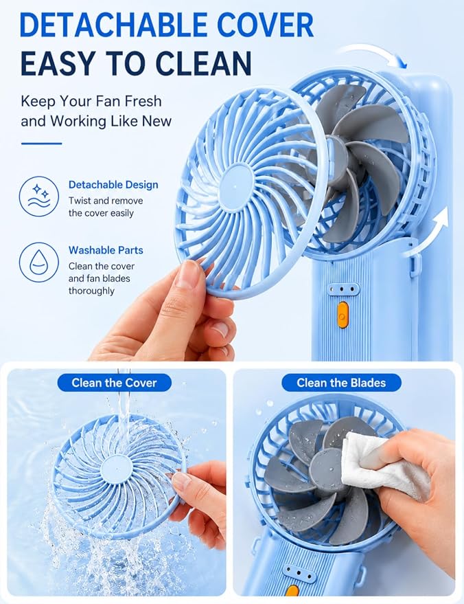 Portable Mini Fan, Quiet Foldable Fan with Lanyard | 4 Speeds, 15H Rechargeable Battery, Portable Pan for Travel, Home, Office, Outdoor, Makeup, Women, Men, Blue - Image 8