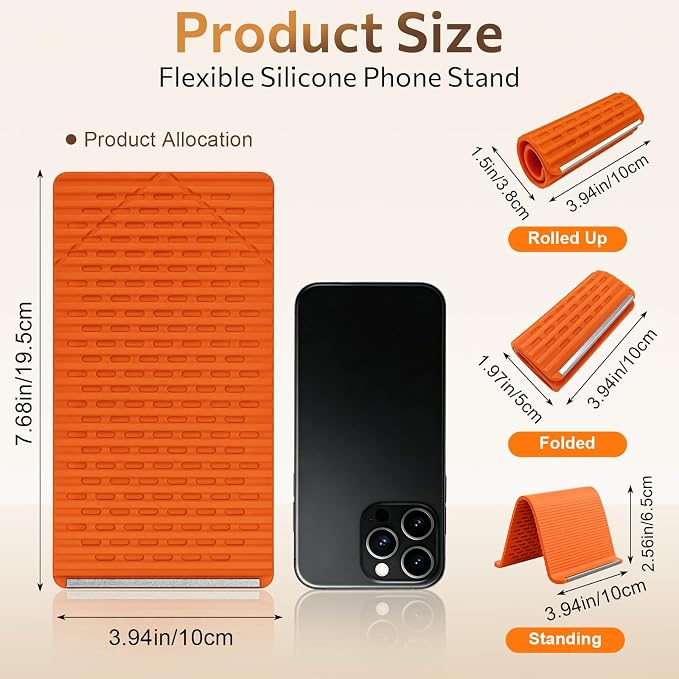 Flexible Silicone Phone Stand with Aluminum Core, Foldable Silicone Phone Holder for Cell Phones, Tablets & Small Devices, Adjustable Desktop & Airplane Phone Holder for Travel, Office & Home (Orange) - Image 2