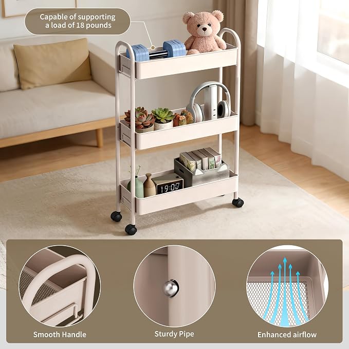 Slim Rolling Cart, Metal Frame Utility Rolling 3-Tier Narrow Storage Cart | Kitchen Storage Organizer, Mobile Shelving Unit for Bathroom Kitchen - Image 7