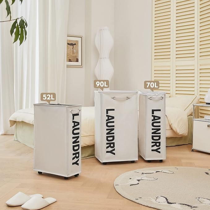 DOKEHOM 29" Enlarged Slim Rolling Laundry Basket Hamper on Wheels, Beige | Collapsible tall laundry hamper with removable mesh wash bag. Foldable narrow corner clothes storage bin for small spaces - Image 9