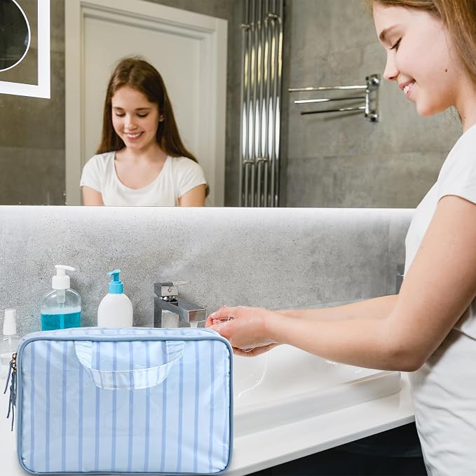 Toiletry Bag for Women, Blue Stripe | Clear Coated,Waterproof,Multiple Compartment,Open Flat,Handle,Travel Organizer for Shampoo,Conditioner,Cosmetic Accessories - Image 5