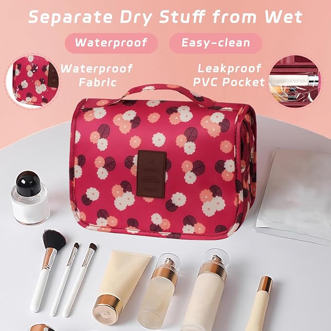 Toiletry Bag Travel Bag with Hanging Hook,Wine Red FLower | Waterproof Small Capacity Hanging Makeup Bag for Toiletries, Portable Cosmetic Bag Travel Organizer for Women Men - Image 5
