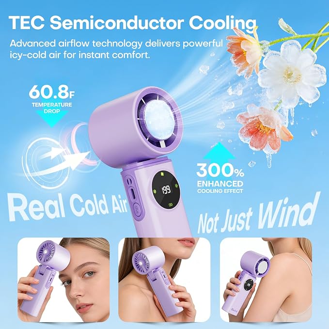 6000mAh Portable Handheld Fan with Ice Cooling, 199 Levels Stepless Speed, 20H Long Battery Life, 20000RPM Turbo Fan Rechargeable Personal Mini Fan for Travel, Outdoor, Makeup (Purple) - Image 2
