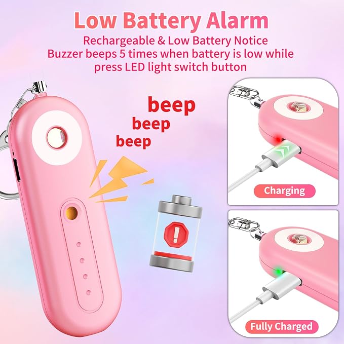 Rechargeable Personal Safety Alarm for Women - 130dB Self Defense Keychain Siren Whistle with SOS Strobe Light, Low Battery Notice - Emergency Security Safe Protection Devices, College Essentials - Image 5
