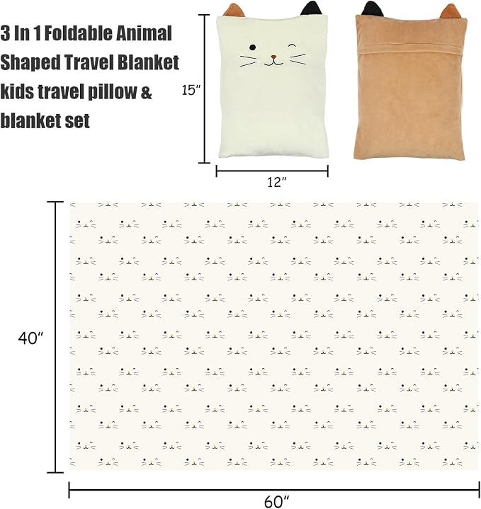 3-in-1 Cat Travel Blanket and Pillow Set for Kids | Soft Snuggle Pillow with Hand Warmer, 40x60 Inch Cute Cat Blanket, Compact for Travel, Camping, Home and Office - Image 3