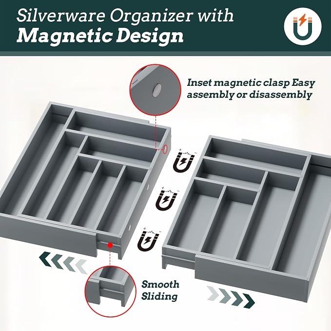 Magnetic Expandable Silverware Drawer Organizer, 13 Slots Utensil Gray | Magnetic Connected, Expandable 21-37.4 Inch, 13 Divided Slots, Gray Cutlery Utensil Organize Kitchen - Image 3