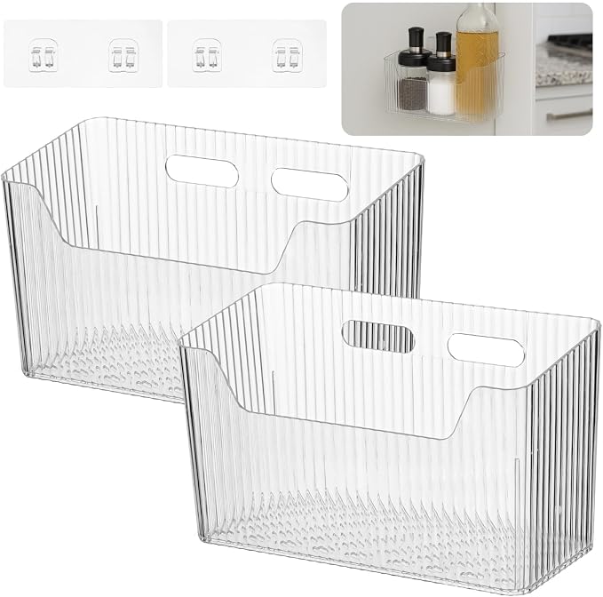2 Pcs Plastic Adhesive Inside Cabinet Door Organizer - Clear Adhesive Basket Wall Storage with Strong Adhesive, Kitchen Adhesive Cabinet Door Storage Bins, Organizer Basket, 7.9 x 3.5 x 5.7 in - Image 2
