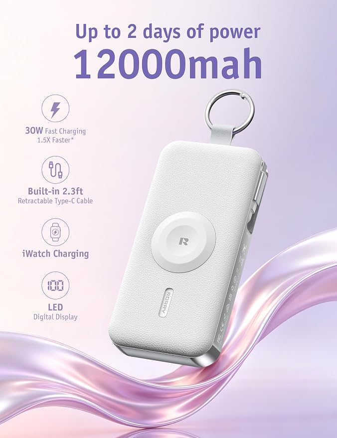 RORRY CharmGo Portable Charger 3 in 1 iPhone Power Bank for Apple 12000mAh | Built-in Retractable Cable Fast Charging Travel Keychain Battery Pack for Apple Watch /iPhone Air/17/16/15/14/13/12 - Image 2