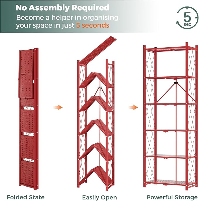 DEANIC 6-Shelf Folding Bookcase with Wheels, Heavy Duty Storage Shelves, Freestanding Metal Wire Shelving Unit for Living Room, Office, Kitchen, Basement, Pantry (Red) - Image 3