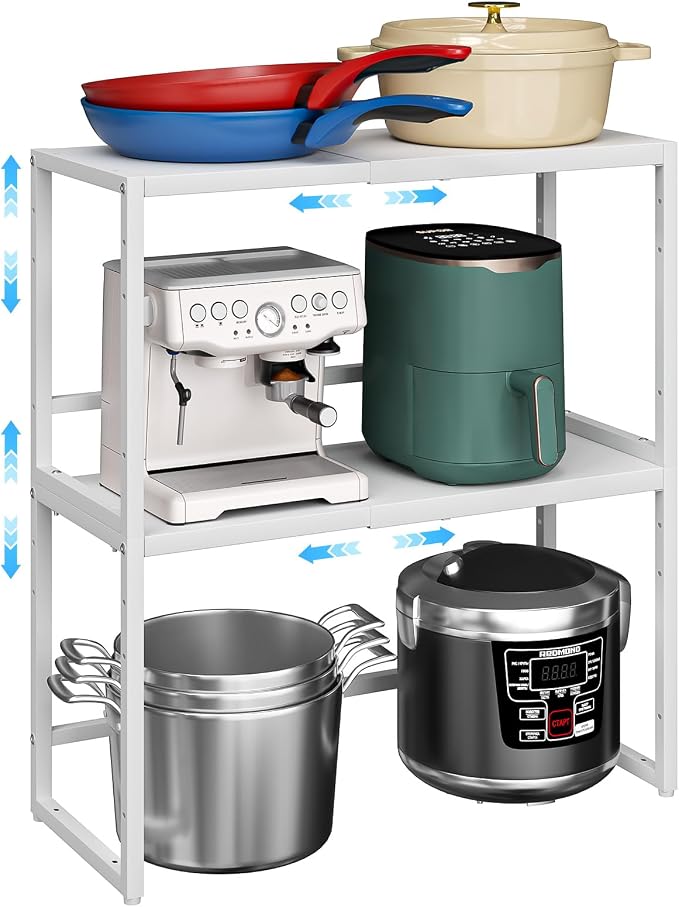 2 Pack Expandable Kitchen Storage Shelves,110LBS Heavy Duty Metal Shelving Unit and Storage for Pot Pans,Adjustable Stackble Small Storage Shelf Organizer for Kitchen Under Cabinet Pantry Garage,White by Cidaziya