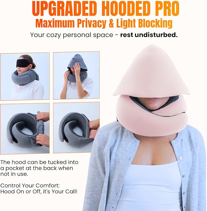LOEXAIR™ Hooded Pro Travel Pillow - Memory Foam Neck Support Pillow for Airplane, Flight - Super-Soft Pure Cotton Fabric, Maximum Privacy & Light-Block Design, Lightweight Full Travel Kit- Sakura Pink - Image 2