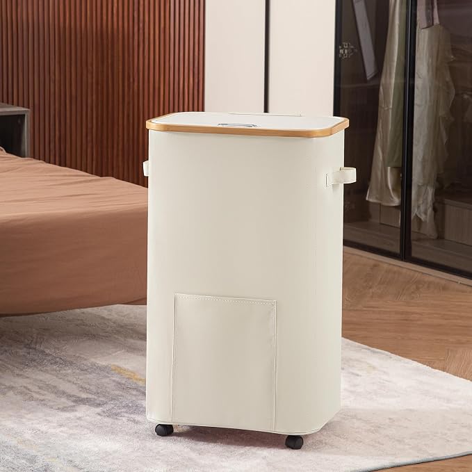 Vincona Laundry Basket with Wheels, Tall Dirty Clothes Hamper on Wheels, Rolling Laundry Hamper with lid for Dorm, Bedroom and Bathroom (Beige, 100L) - Image 7