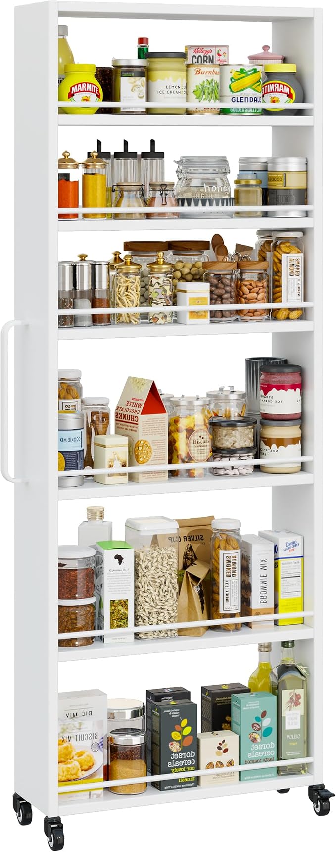 6-Tier Slim Rolling Storage Cart with Wheels, 8-Inch Deep Metal Utility Cart for Kitchen, Bathroom, Laundry, Craft Room – Narrow Design for Easy Organization and Mobility (White) by Qiaoxuan