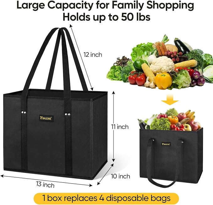 BALEINE 3PK Reusable Grocery Bags, Heavy Duty Shopping Tote Bag | 12'' Long Handles, Reinforced Bottom Keeps Upright, Fold Flat Storage, Water-Resistant Shopping Bag, Multiple Color Options - Image 2