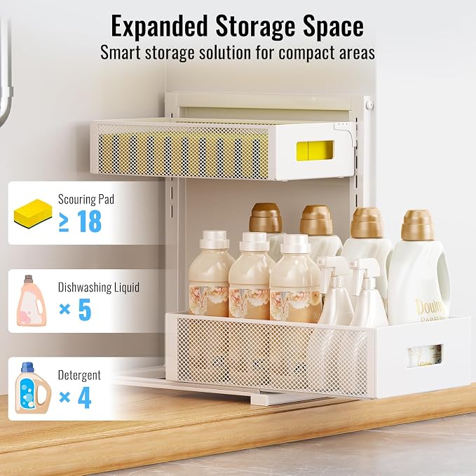 TISTAYA Full Metal Under Sink Organizer, Pull Out Cabinet Organizers and Storage, Silk-Smooth Sliding Drawer for Kitchen, Bathroom, Pantry, Cabinet, Closet (White, 2 Pack) - Image 7
