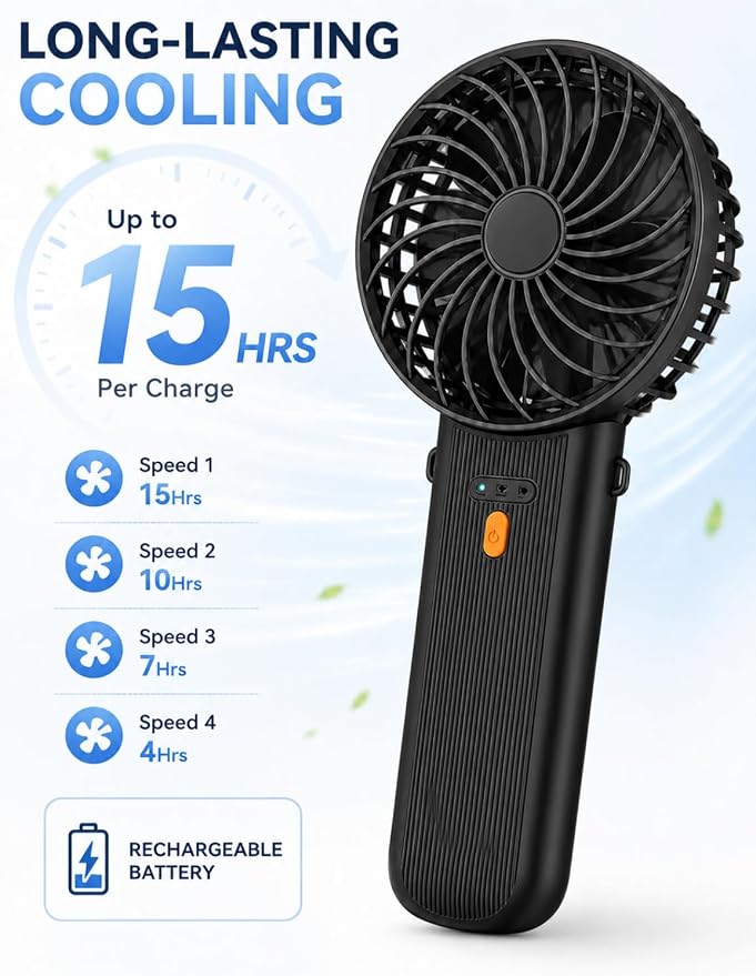 Portable Mini Fan, Quiet Foldable Fan with Lanyard (Black) | 4 Speeds, 15H Rechargeable Battery, Portable Pan for Travel, Home, Office, Outdoor, Makeup, Women, Men, Black - Image 6