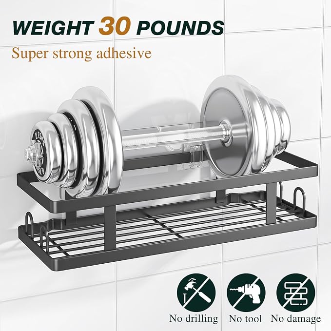 Youvip Adhesive Shower Caddy, Black, 3 Pack | Shower Shelves, Soap Holder and 12 Hooks, Rustproof, No Drilling, Bathroom Organizer and Storage - Image 5