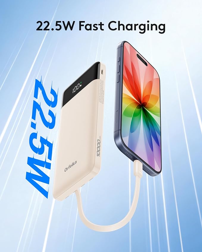 Orfeika Fast Charging Portable Charger Power Bank with Built-in 4 Cables | 10000mAh|Ultra-Slim&Light|Flight-Safe|Power 6 Devices at Once|22.5W|Battery Pack For iPhone,Samsung,Google|Travel Essentials - Image 2
