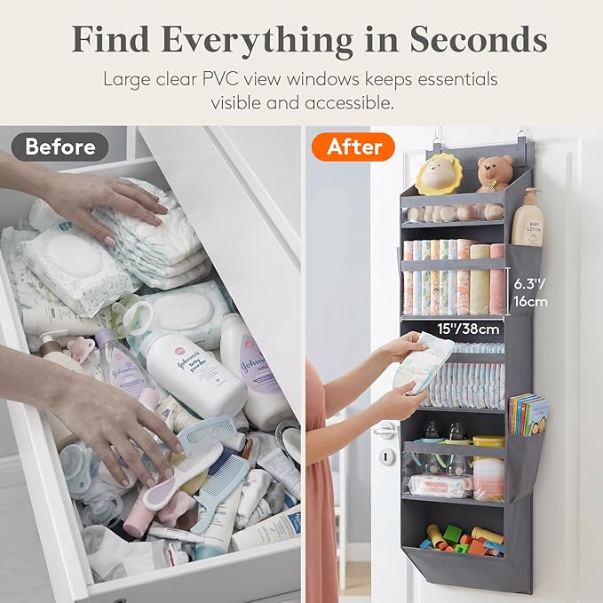 Lifewit 1 Pack Over the Door Organizer, 5 Section Clear Window Hanging Storage with 4 Side Pockets, Sturdy Anti Tilt 40 lbs Load Behind Door for Closet, Bedroom, Bathroom, Nursery, Dorm, Dark Gray - Image 3