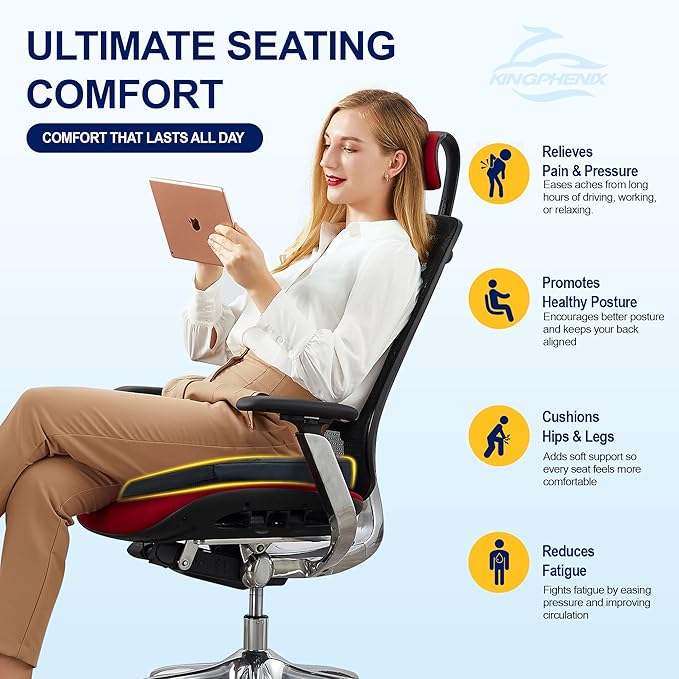 kingphenix Memory Foam Car Seat Cushion for Driving Comfort and Office Use | Coccyx & Lower Back Pressure Relief, Non-Slip 4D Mesh Seat Cushion for Cars, Trucks, SUVs, Long Drives & Office Chairs, Black - Image 4