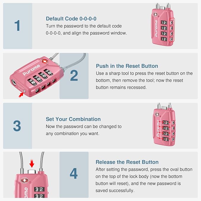 Puroma 2 Pack TSA Approved Luggage Locks 4 Digit Code Cable Lock Pink Rose | Resettable, Flexible Cable, Zipper holes, Zinc Alloy, Bright Color, Large White Numbers, Suitcase Train Travel, laptop bag - Image 6