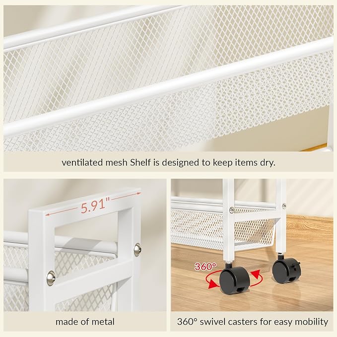 ThreeHio 6 Tier Slim Storage Cart, Narrow Cart with Wheels, Metal Mobile Shelving Unit Organizer for Bathroom, Kitchen, Laundry Room, Living Room & Narrow Spaces, White, 6in(W) - Image 7