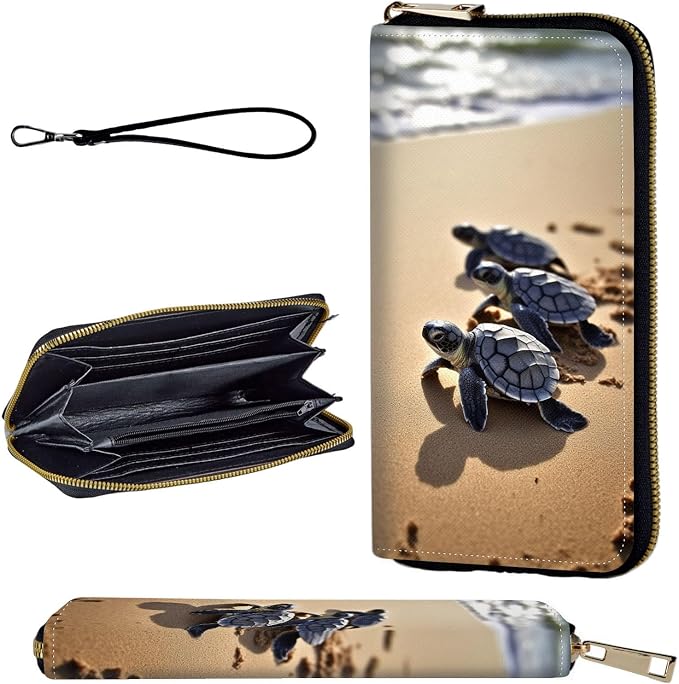 Wallet,Leather Long Wallet Suitable For Ladies And Teenagers - Detachable Wristband + RFID Travel Wallet With Card Slot - Beautiful Sea Turtle Beach by Unknown