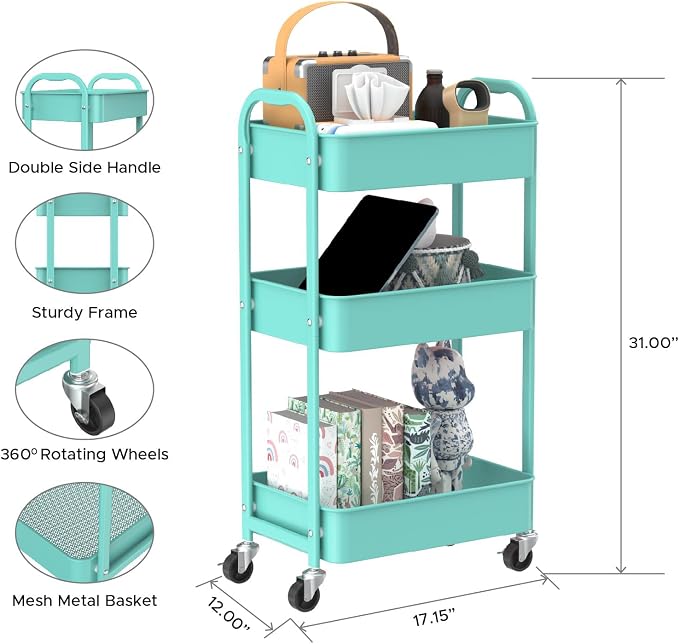 MAX Houser 3-Tier Rolling Utility Cart with Caster Wheels,Easy Assembly, for Kitchen, Bathroom (Turquoise) | Easy Assembly, multi-purpose storage trolley for kitchen, rolling cart with smooth caster wheels for bathroom - Image 2