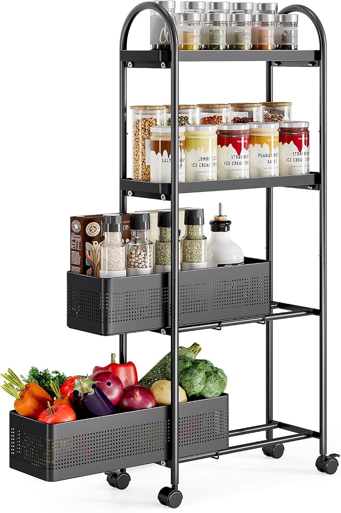 KINGRACK 4 Tier Slim Rolling Cart with Drawer, Metal Utility Storage Cart | 2 Pull-out Baskets, Lockable Wheels, Narrow Space Trolley Organizer for Bathroom, Kitchen, Office, Dorm, Laundry Room, Black by KINGRACK