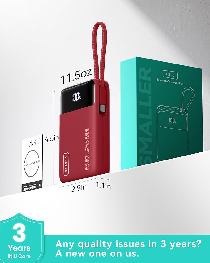 INIU 20000mAh Portable Charger, Smaller 45W Fast Charging Travel Power Bank | Flight-Safe, Built in USB-C Cable, Travel Essential, Battery Phone Pack for iPhone 17 16 Pro, Samsung S26, iPad etc, Red - Image 4