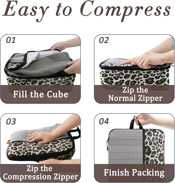 U+U 6 Set Compression Packing Cubes, Travel Organizers (Leopard) | Space-Saving & Drawstring Bag Included - Image 6