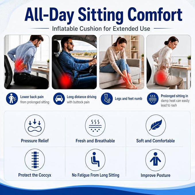 Inflatable Seat Cushion with Press-to-Inflate Design, Airplane Seat Cushion for Long Flights, Travel Cushion for Sciatica Pain Relief, Portable Cushion for Car, Office & Airplane - Image 5
