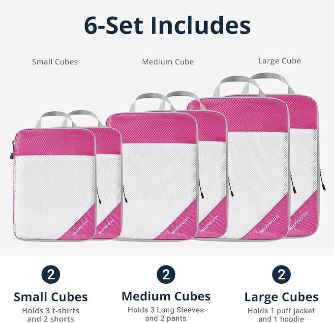 Compression Packing Cubes 6 Set, Compressible Space-Saving Packing Cubes for Travel - Compression Bags, Luggage Organizer, Travel Essentials for Women, Hot Pink - Image 3