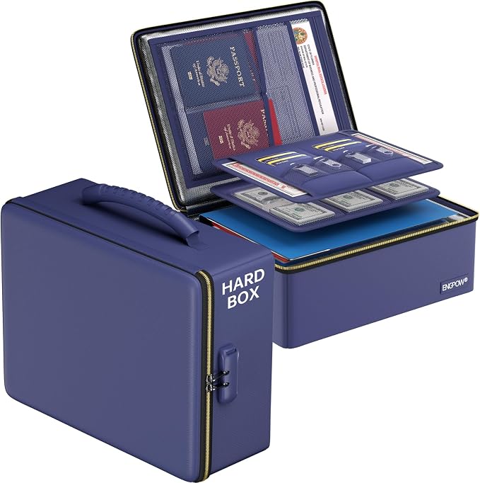 ENGPOW Fireproof Document Box with Lock & Heat-Resistant Fireproof Zipper | 6400°F 12-Layer Fire Protection, Hard File Organizer with Pockets, Portable Home Chest Safe Storage for Money,Jewelry, Blue by ENGPOW