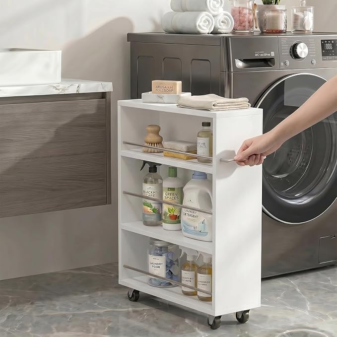 ALBAD Slim Rolling Cart,4-Tier Storage Cart with Wheels,7.9”W Slim Storage Cart with Handle for Kitchen Laundry Narrow Places Bathroom Dining Room Small Spaces | 4 adjustable MDF shelves (20 lbs each), 360° casters + side handle, Fits kitchen, laundry,... - Image 4
