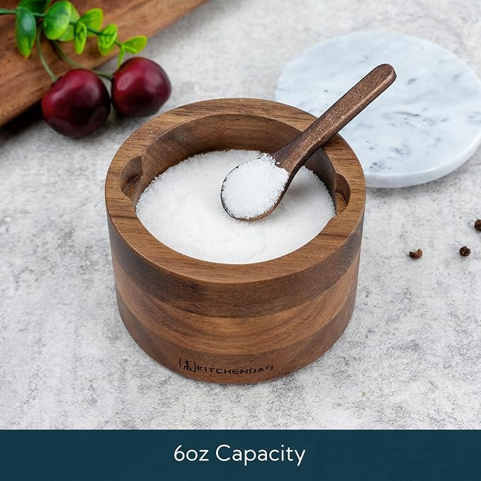 KITCHENDAO Acacia Salt Cellar Box Bowl with Built-in Spoon and Marble Lid, Solid Natural Acacia Wood Bath Sea Salt Container, Elegant Modern Grey and White Marble Lid Spice Bowl, 6oz Capacity - Image 2