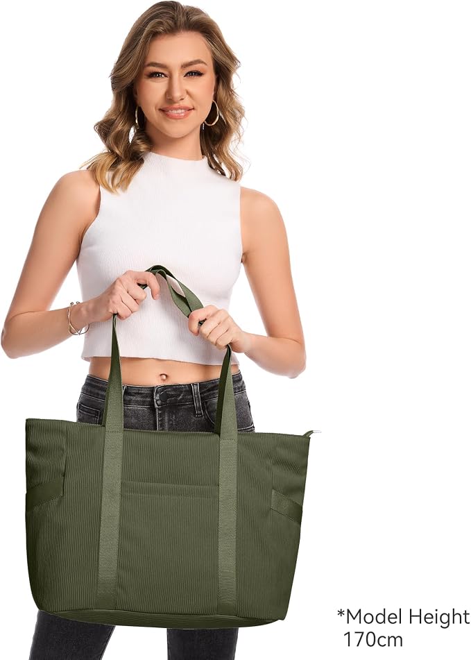 Tote Bag for Women, Casual Hobo Handbags with Compartments | Water Repellent Corduroy Large Capacity Fits 15.6" Laptop Zipper Closure for Travel Work School - Image 3