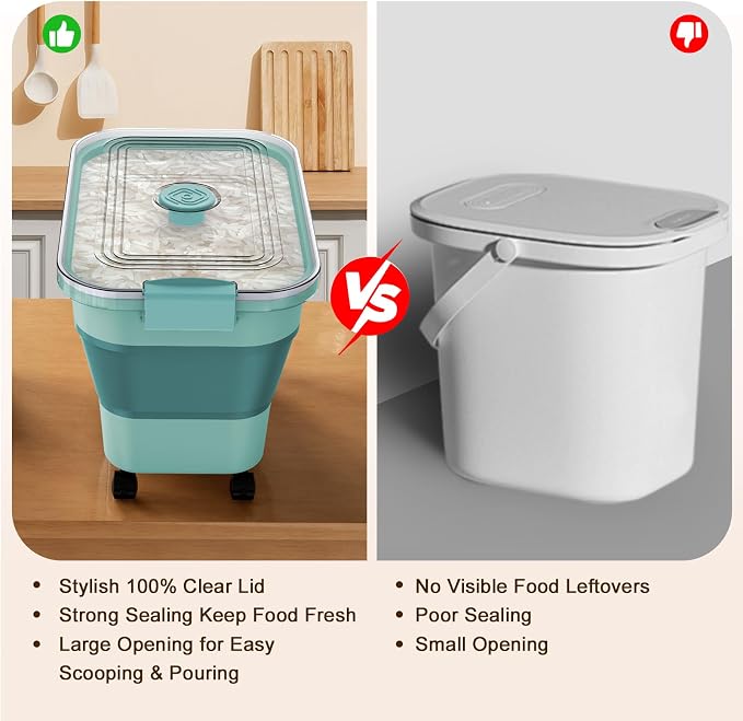 Rice Storage Container, Collapsible Airtight Food Storage Containers 20-30lbs with Clear Lid and Wheels, Rice Dispenser with Scoop for Flour Cereal Pasta Grain, Cat Pet Bird Dog Food Storage Container - Image 5