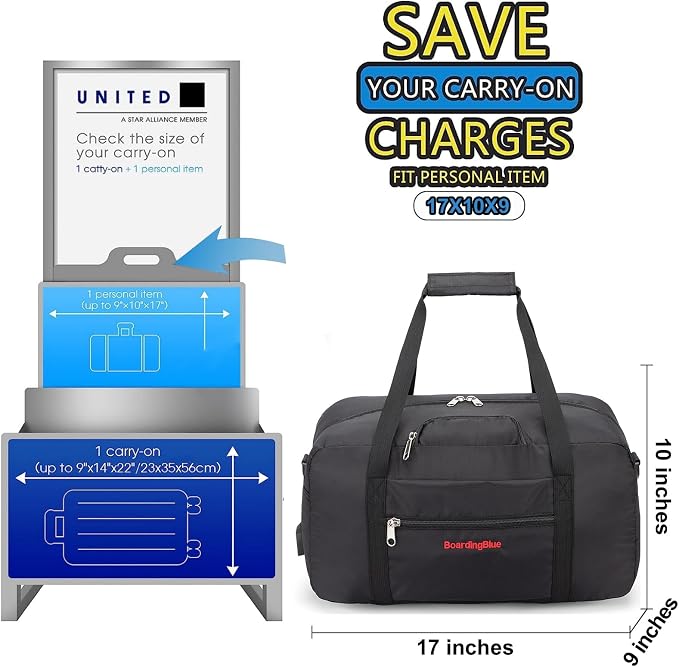 17x10x9 United Airline Personal Item Under Seat Duffel Bag With Free Pillow And USB Port (Black) - Image 2