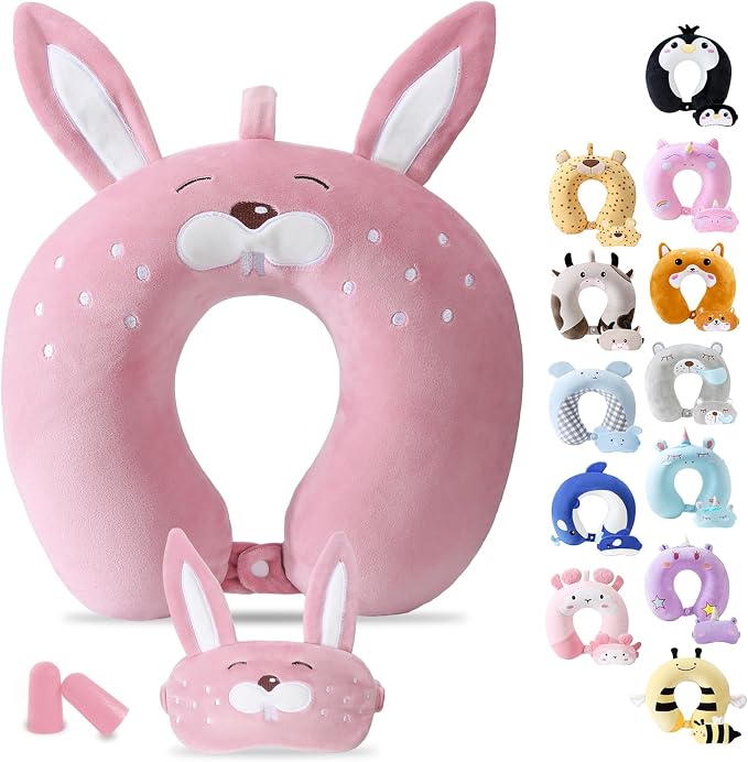 Cirorld Travel Pillow for Kids Adult Cute Neck Pillow for Traveling Memory Foam Airplane Pillow Sleep Mask Animal Flight Pillow Head Rest Neck Support for Cars Long Flights (Rabbit, 9-12 Y/O) by CIRORLD
