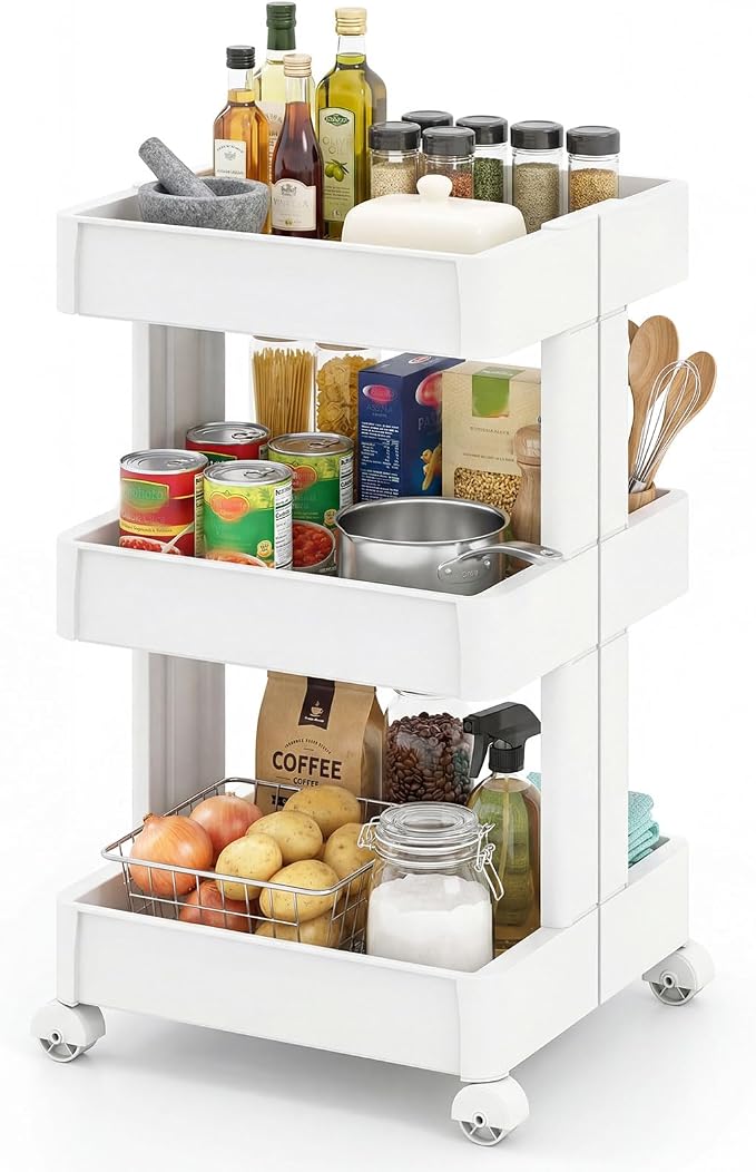 Giantex 3-Tier Rolling Storage Cart, Slide Out Plastic Organizer Rack with Wheels, Mobile Utility Cart w/Shelving Unit for Kitchen, Bathroom, Office, Laundry Room,15.5"x14.5"x30" by Giantex