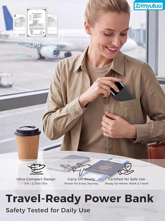 Portable Charger 10000mAh Power Bank with Built-in Cables and Wall Plug | Slim Fast Charging USB-C Battery Pack, LED Display Travel Essential Portable Phone Charger for Cell Phones(Black) - Image 6