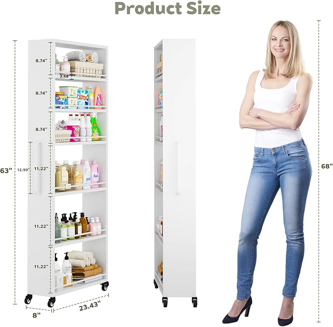 6-Tier Slim Rolling Storage Cart with Wheels, 8-Inch Deep Metal Utility Cart for Kitchen, Bathroom, Laundry, Craft Room – Narrow Design for Easy Organization and Mobility (White) - Image 7
