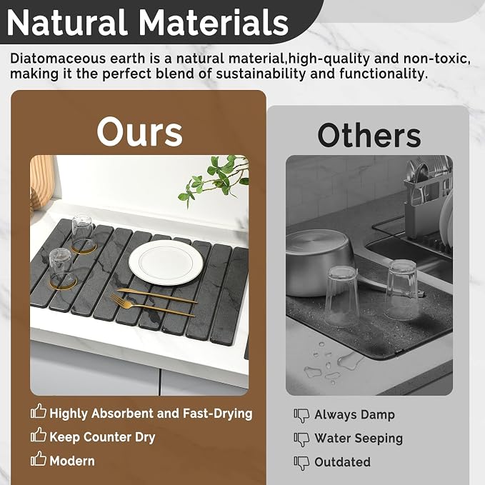 Large Stone Dish Drying Mat for Kitchen Counter, Quick Dry Stone Dishes Mats, Foldable Water Absorbing Diatomaceous Drying Pad for Countertop Bottles Utensils Cups Bathroom (Dark Gray 24"x16") - Image 7