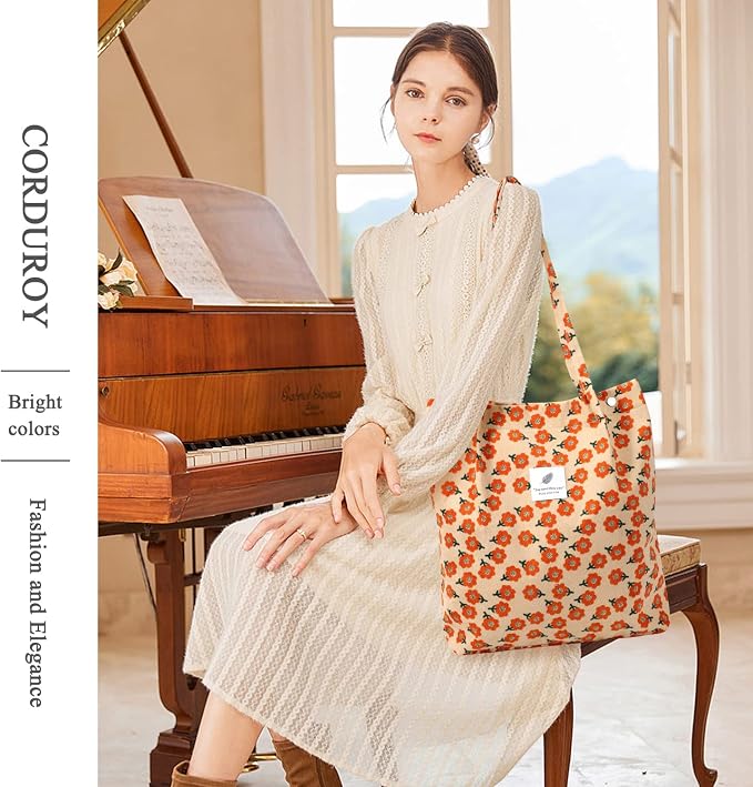 LHMTQVK Corduroy Tote Bags for Women, Large Capacity Tote Purse Reusable Grocery Shoulder Bag with Inner Pockets - Image 7