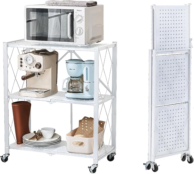 BRIAN & DANY 3-Tier Foldable Storage Shelves with Wheels, No Assembly Folding Shelf Metal Rack, Shelving Unit for Kitchen, Garage, White by BRIANDANY