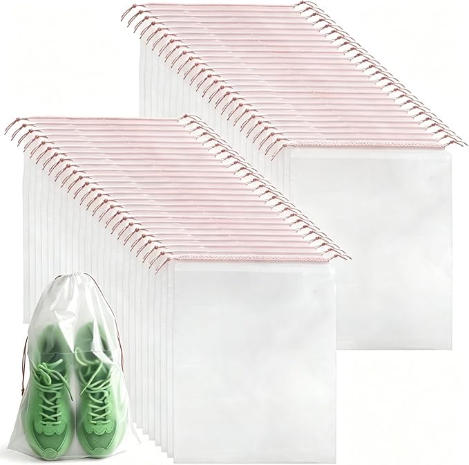 PLULON 50 Pcs Clear Shoe Bags Waterproof Drawstring for Travel Storage | 15.7" x 11.8" Transparent Storage Plastic Bag Shoes Organizer for Packing Dustproof Beach Vacation Cruise Travel Essentials by PLULON